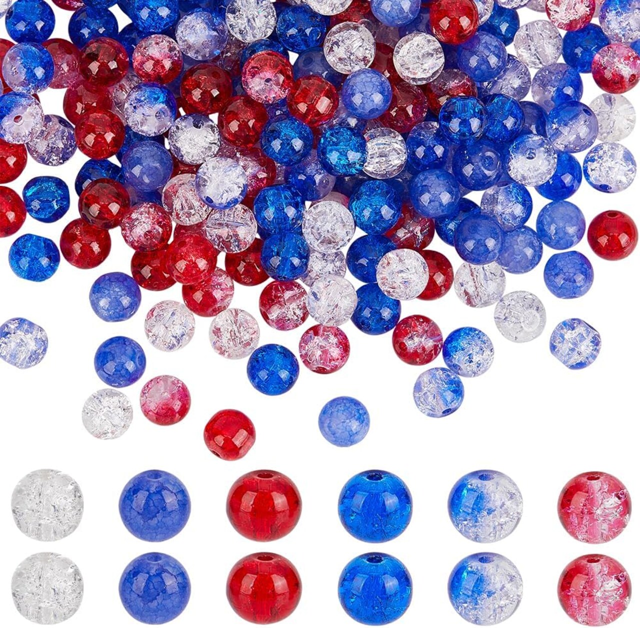 240pcs 4th of July Glass Beads, 6 Color Patriotic Beads 8mm Red White Blue Glass Bead Round Crackle Loose Bead for Beaded Baseball Necklace Bracelet DIY Jewelry Crafts Independence Day